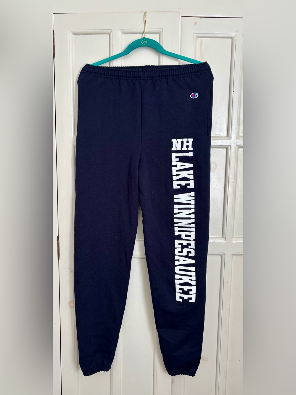 Lake Winnipesaukee Champion Navy Joggers with White Vertical Print